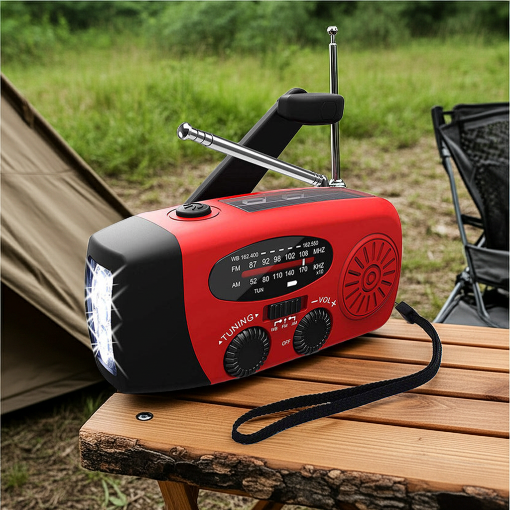 Multifunctional emergency radio with solar power, hand crank, USB port, LED flashlight and FM/AM/WB reception.