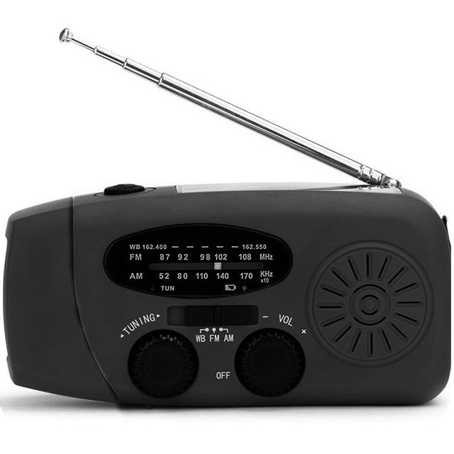 Multifunctional emergency radio with solar power, hand crank, USB port, LED flashlight and FM/AM/WB reception. 