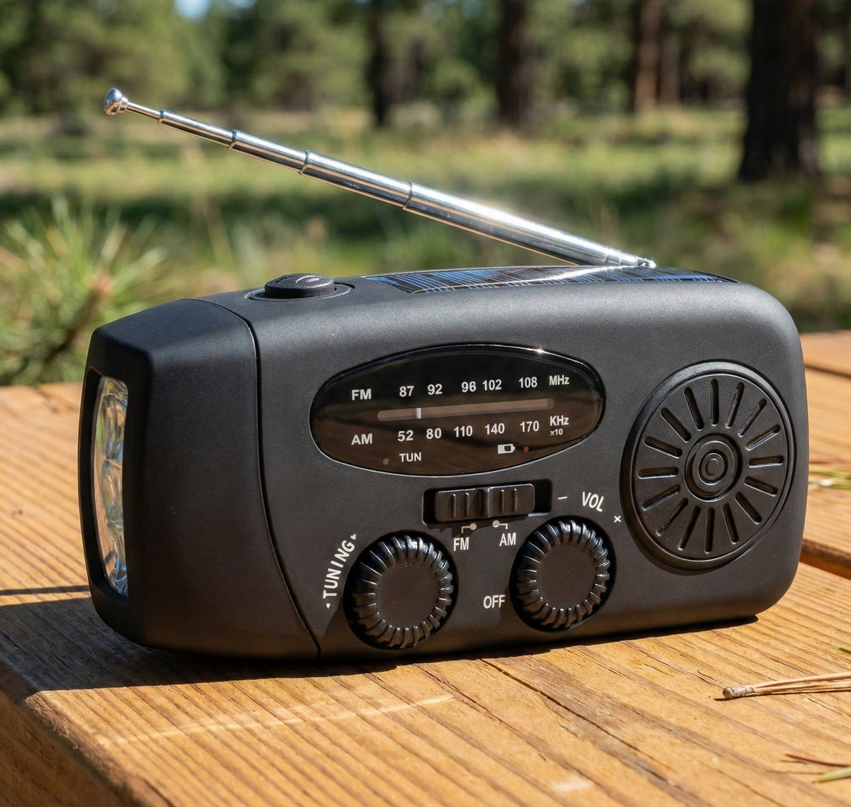 Multifunktionales Notfallradio mit Solarbetrieb, Handkurbel, USB-Anschluss, LED-Taschenlampe und FM/AM/WB-Empfang