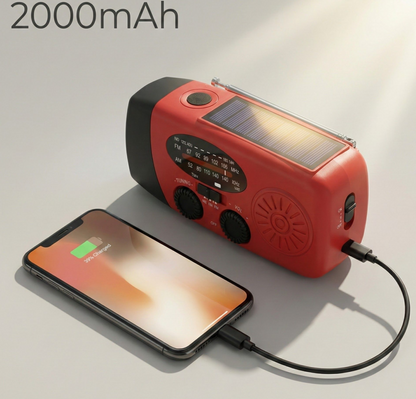 Multifunktionales Notfallradio mit Solarbetrieb, Handkurbel, USB-Anschluss, LED-Taschenlampe und FM/AM/WB-Empfang