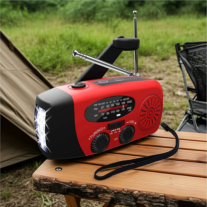 Multifunctional emergency radio with solar power, hand crank, USB port, LED flashlight and FM/AM/WB reception. 
